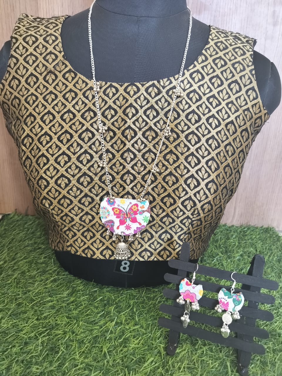 Handcrafted Fabric Necklace and Earrings Set with Vibrant Butterfly Design