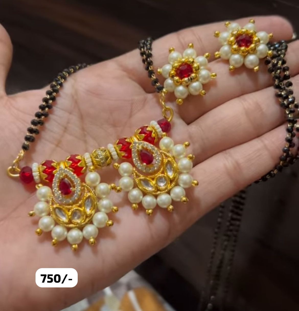 Stunning Pearl and Red Stone Mangalsutra Set