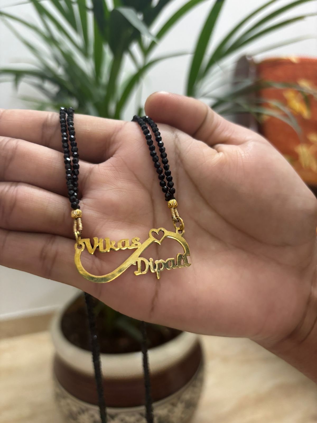 Personalized Infinity Name Pendant with Black Beads Chain