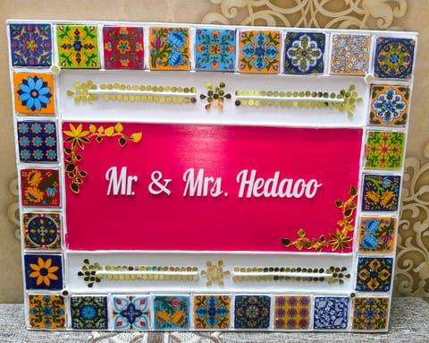 Customized Hand-Painted Nameplate – MDF Base with Lippan, Mirror & Tile Work (18" x 12")